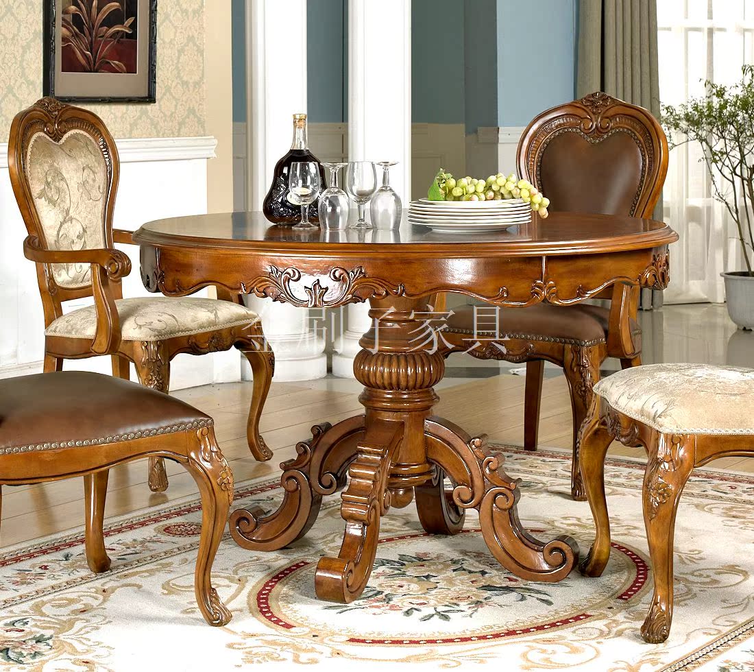 美式欧式简约现代实木圆形餐桌椅组合6人套装一桌六椅小户型台货