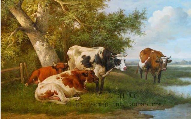 舒美动物油画大树下的牛群牛气冲天居家会所酒店装饰画无框画