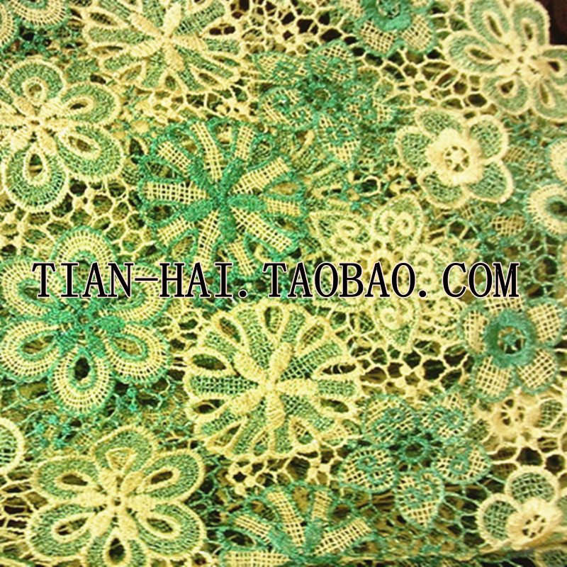 金绿双色镂空水溶蕾丝布料面料 高端定制用料 金线彩绿水溶蕾丝