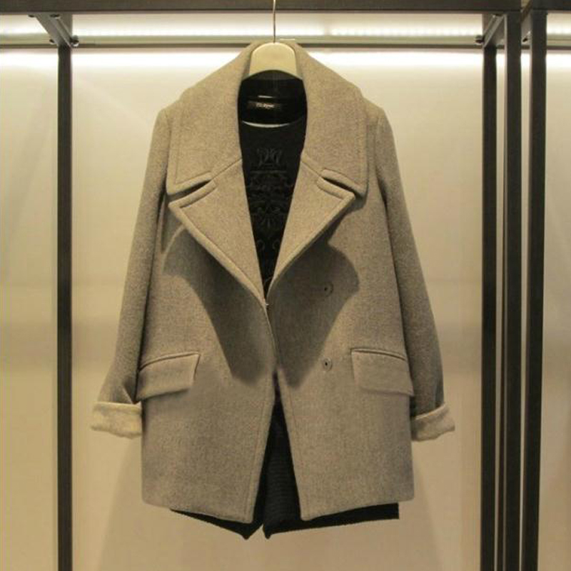 韩国代购2015冬装休闲小香风羊毛呢子大衣短款翻领茧型毛呢外套女