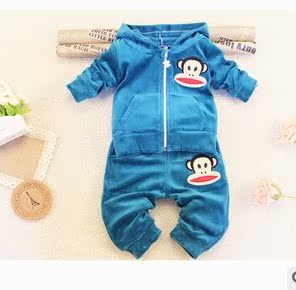 2014春装新款童装 韩版婴幼儿童宝宝男女童卡通猴子天鹅绒童套装