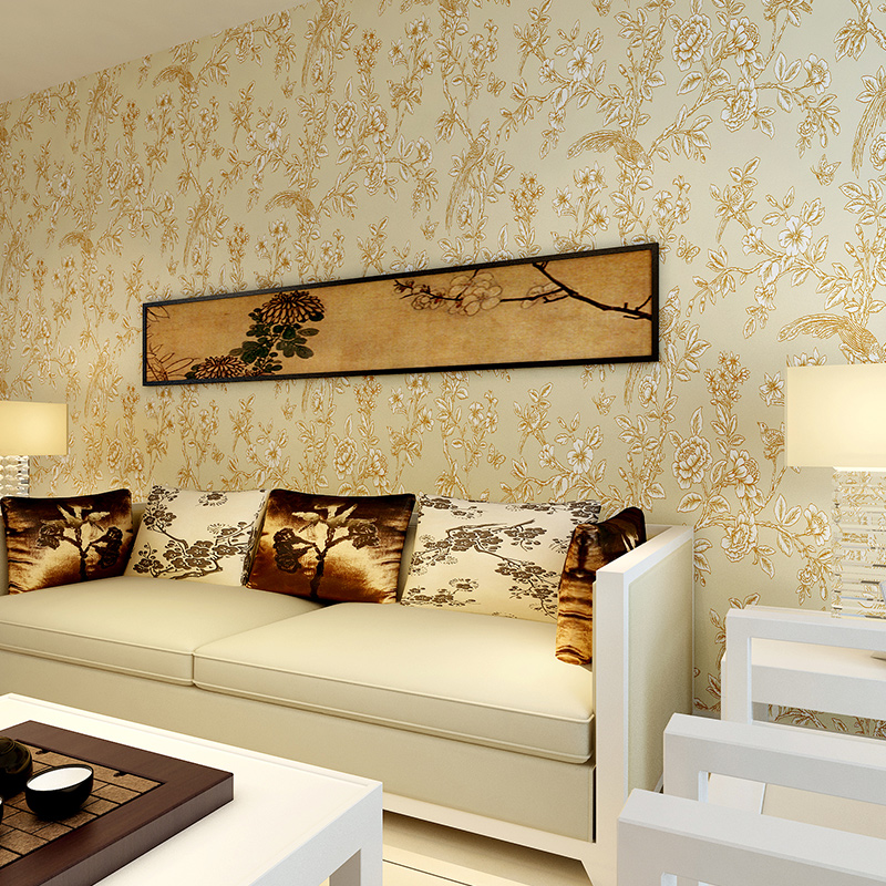 新中式背景墙纸花鸟绘图无纺布壁纸卧室客厅墙纸