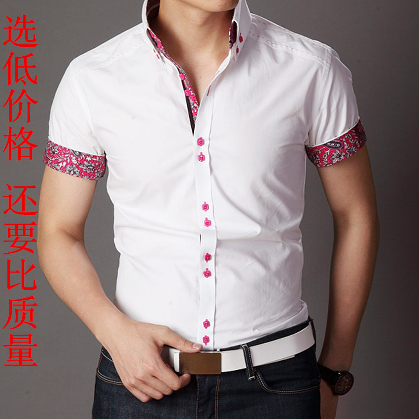 新款纯棉短袖衬衫韩版修身扣领尖领流行潮夏季男衬衣纯色男士衬衫