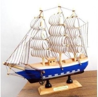 包邮时尚摆件蓝地中海风格 实木帆船 手工木质工艺船模品质24cm