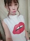 韩国夏季潮大红唇刺绣贴小立领马甲太空棉无袖背心上衣T恤衬衫特