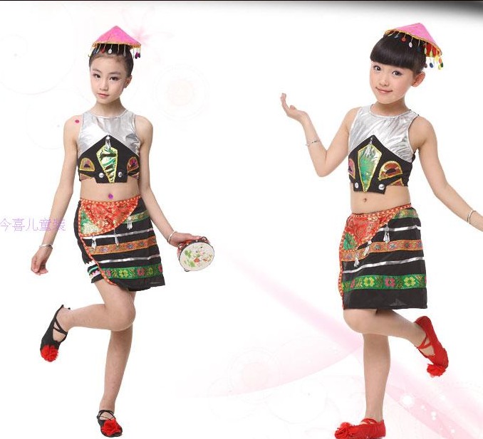 儿童傣族舞蹈演出服佤族幼儿童民族舞蹈服装女童少数民族儿童服饰
