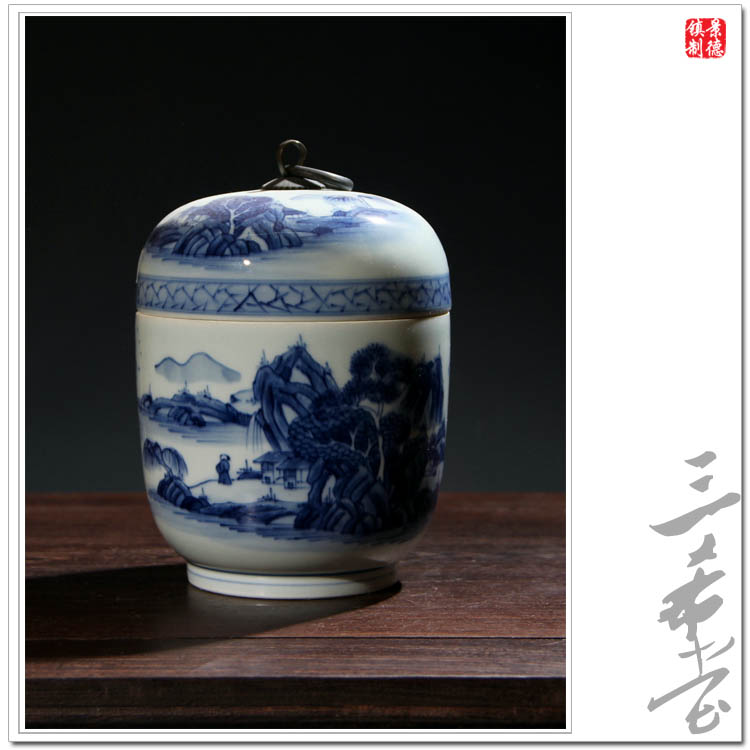 景德镇陶瓷手绘青花瓷山水陶瓷罐摆件 带盖茶叶罐包邮 储茶罐古典