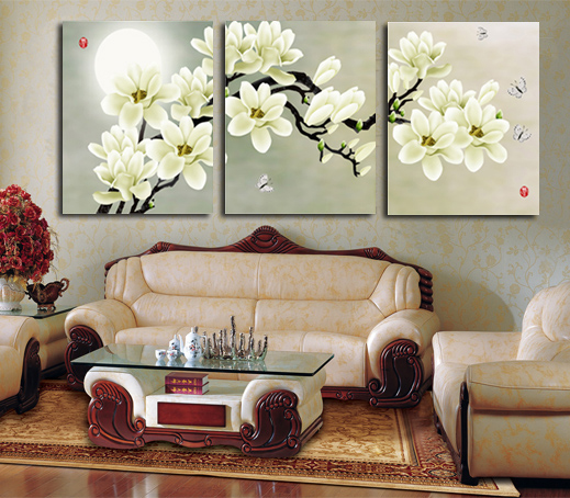 水晶无框画白玉兰家居客厅卧室装饰画花卉沙发背景画墙壁挂三联画