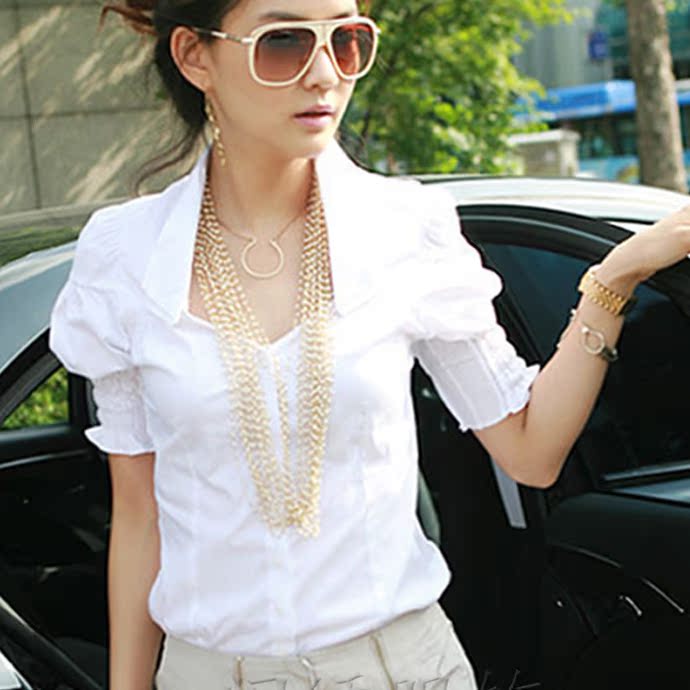 修身白衬衫女短袖纯棉2016夏女士大码职业工作服衬衣韩版中袖上衣