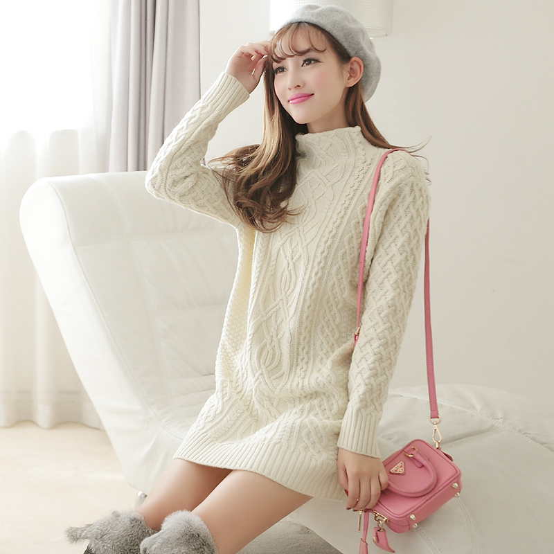 香港代购韩国女装宽松大码毛衣女套头高圆领中长款纯色针织羊毛衫
