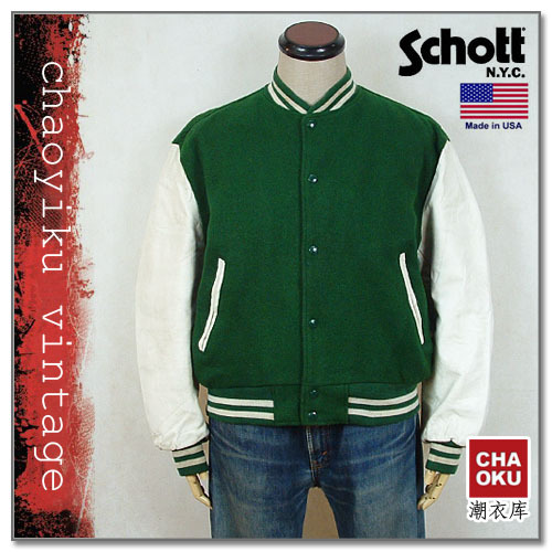 美国大牌Schott/美国产牛皮袖毛呢棒球夹克/SIZE:40/颜色:绿色