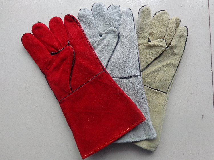 双层电焊手套  红长牛  红灰黄三色可选  加长绒里劳保手套
