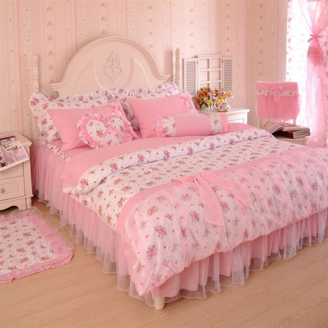 新包邮韩式田园碎花加纱公主风格床上用品全棉床罩四件套粉色佳人