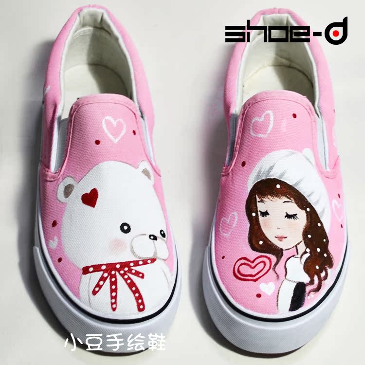 卡通韩版手绘鞋低帮套脚女学生帆布鞋女孩小熊涂鸦粉色可爱学生鞋