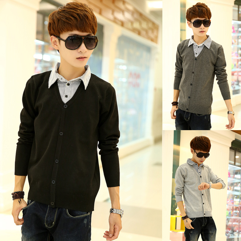 2014春季新款 男士青少年韩版假两件衬衫领纯色百搭气质款针织衫