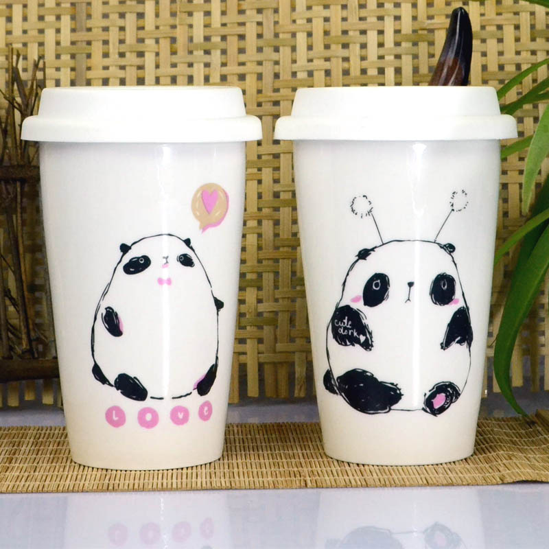 包邮2015新款水杯创意马克杯带盖可爱陶瓷杯七夕节礼物情侣熊猫杯