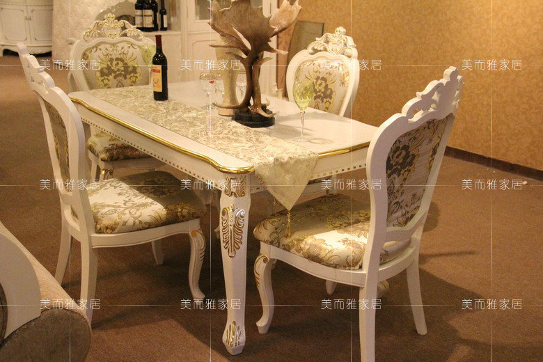 包邮 田园餐桌椅 欧式餐桌椅 实木雕花餐桌 新古典餐桌 象牙白857