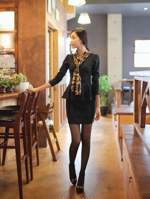 2015新款职业装韩版女装初秋新品长袖OL包臀百搭假两件围巾连衣裙