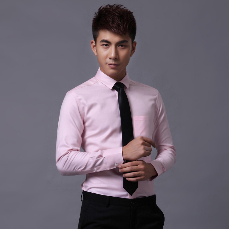 2015春秋款男士长袖衬衫商务职业正装免烫粉红色中年人衬衣工作服