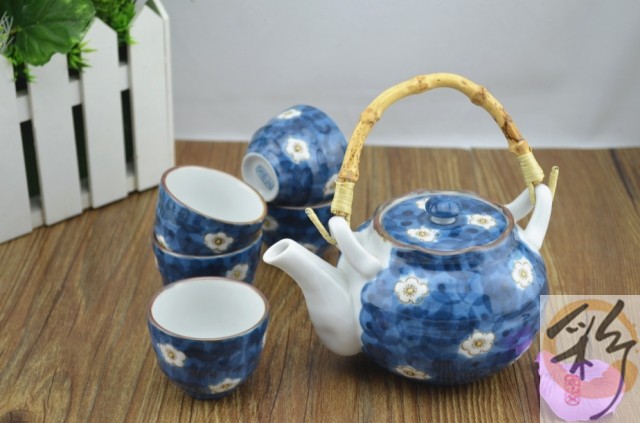 虎山窑 出口日本陶瓷日式茶具高温手绘梅花提梁壶1壶6杯送滤网