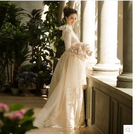 冬季复古公主韩版蕾丝新娘礼服一字肩拖尾/齐地2015新款孕妇婚纱