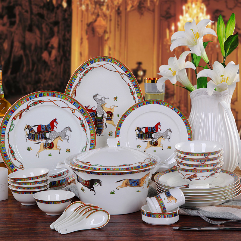景德镇陶瓷餐具套装骨瓷56头碗套装爱马仕马上发财欧式礼品瓷器盘