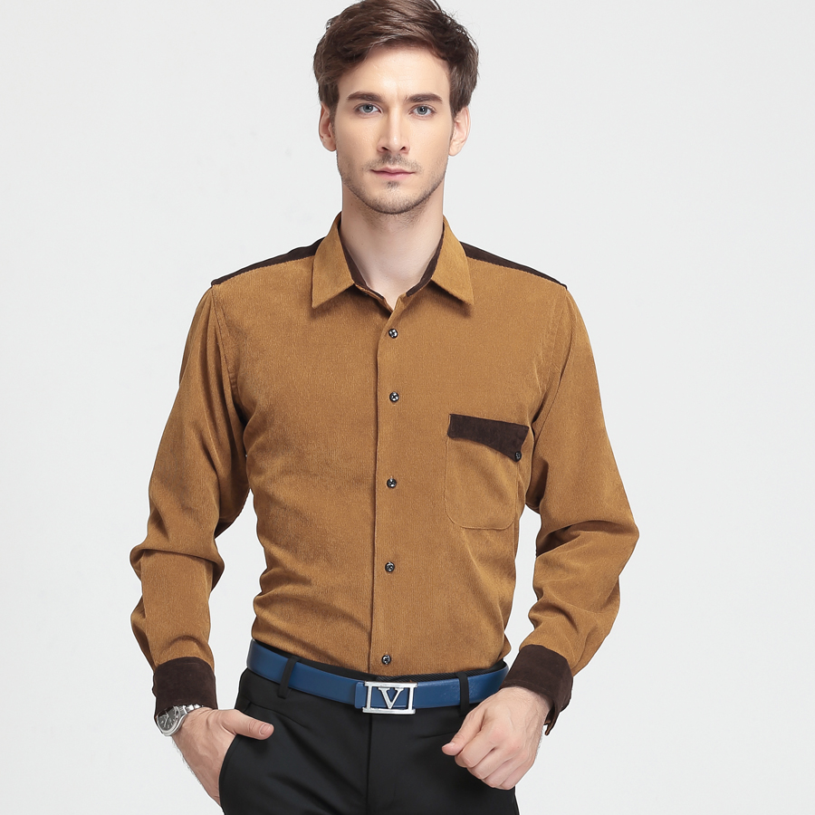 意宾2015新款男士长袖衬衫韩版时尚纯色休闲商务灯芯绒衬衣修身潮