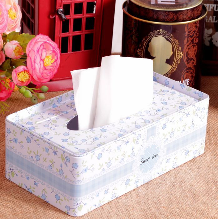 韩版田园马口铁纸巾盒小清新蓝色小花长方形纸巾盒铁质抽纸巾盒
