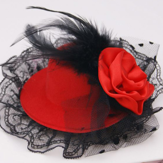 韩国新娘派对舞会红色蕾丝 蝴蝶结花朵羽毛小礼帽 小帽子头饰发饰