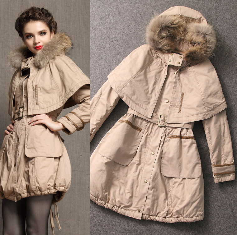2013冬新款 高端欧美大牌貉子毛斗篷中长款多种穿法修身棉衣