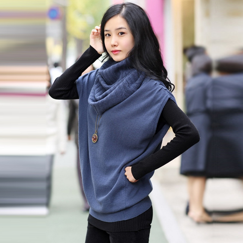 韩版2015冬季女装新款蝙蝠袖 宽松圆领套头毛衣女 配可拆卸围脖