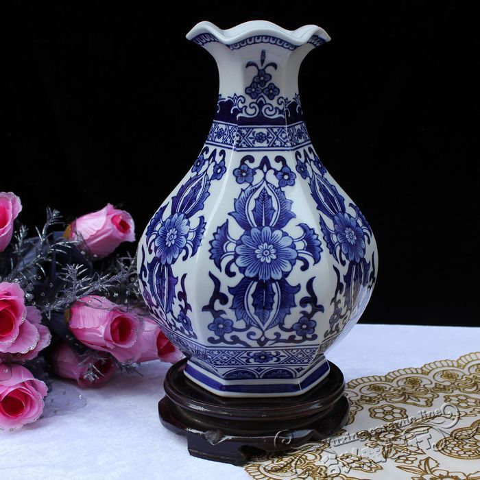 景德镇陶瓷花瓶青花花瓶青花瓷花瓶特价摆件荷叶六角大肚花瓶