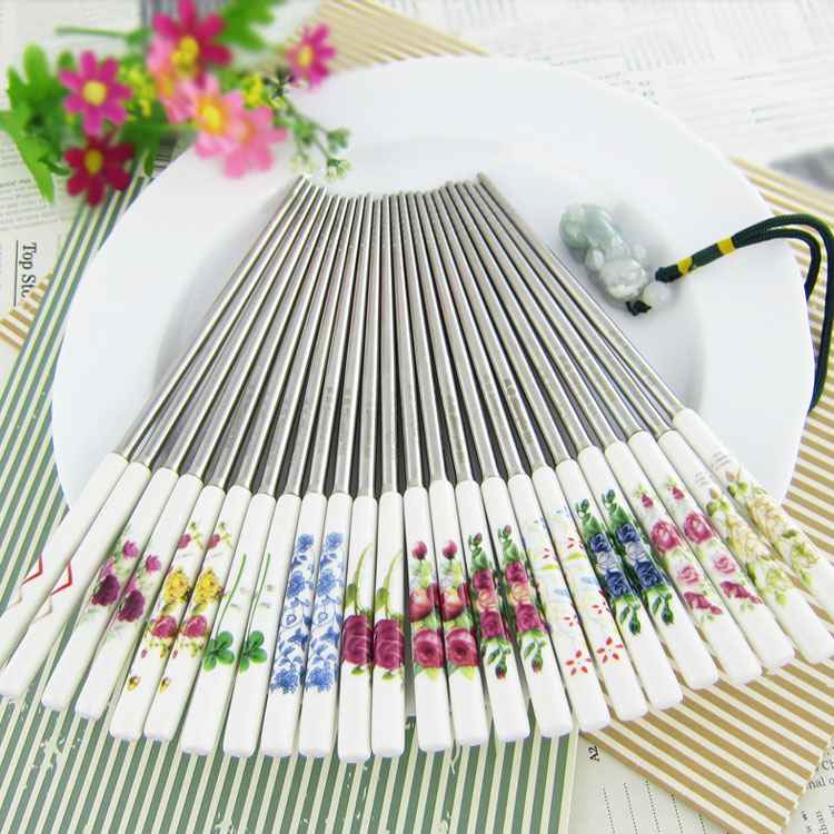 双好韩式不锈钢餐具韩国陶瓷筷子22cm骨瓷筷304不锈钢筷子套装
