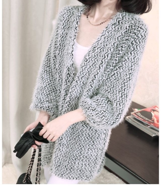 韩国代购 秋装新款女韩版中长款蝙蝠袖针织宽松外套简约开衫毛衣