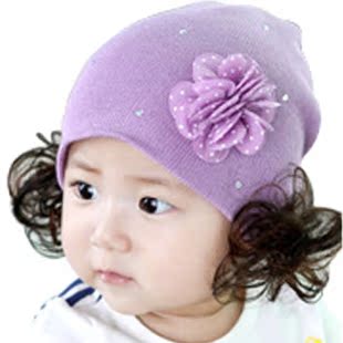 秋冬新款韩版假发帽子双蝴蝶结宝宝儿童婴儿保暖女童小孩套头帽