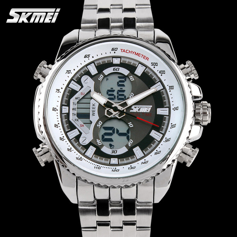 正品双显手表 钢带潜水石英腕表 多功能运动登山防水学生电子表男
