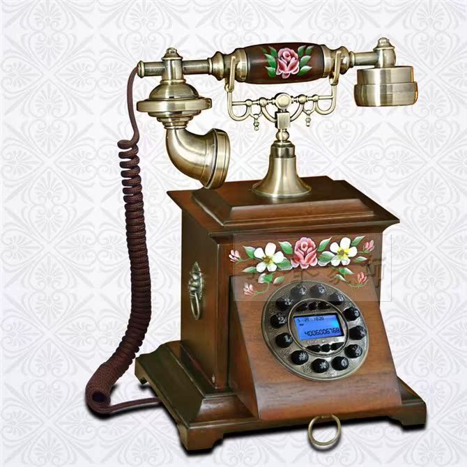 实木时尚欧式电话座机仿古电话机豪宅别墅时尚来电显示蓝屏手绘