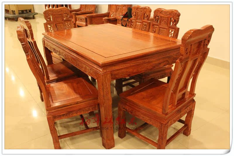 红木餐桌椅家具 西餐桌7件套非洲花梨一桌六椅 象头餐椅7件套