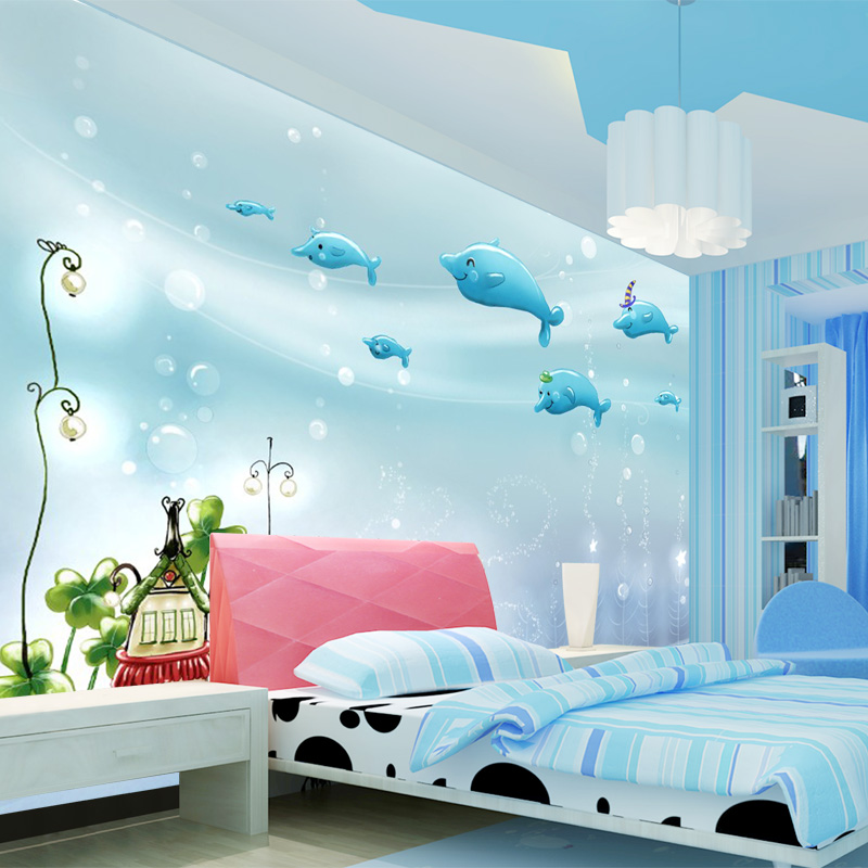 3D壁纸 海底世界儿童房墙纸 自粘卧室男女孩卡通海豚无纺布壁画