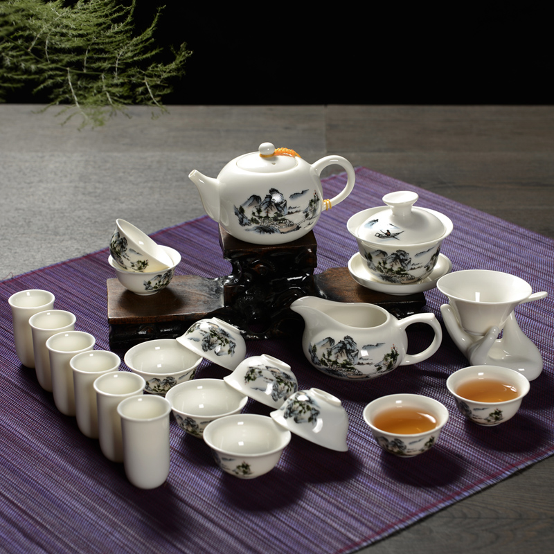 【整点聚12】手写唐诗白瓷功夫茶具套装 整套陶瓷21头茶壶盖碗