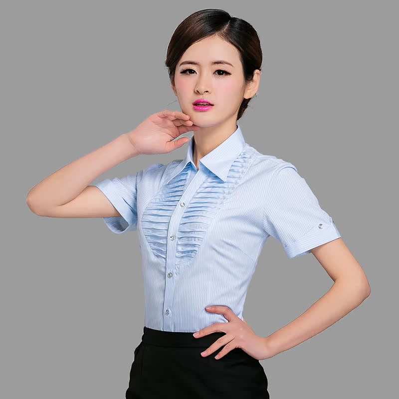 新款女士竖条纹职业短袖衬衫 韩版修身白色工装大码女半袖衬衣夏