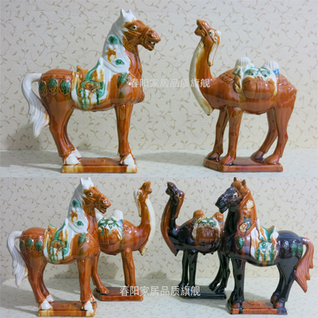 唐三彩对马骆驼陶瓷瓷器摆件工艺品家居结婚庆饰品马旺财运往事业