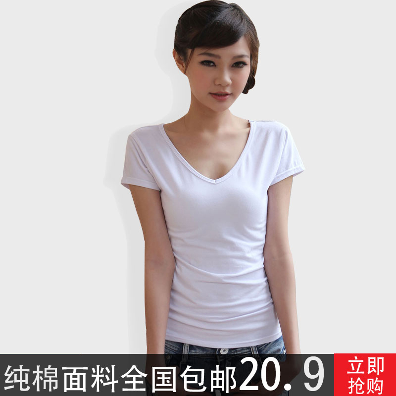 2016新款春夏韩版女装 白色纯棉女t恤短袖v领修身打底衫显瘦上衣