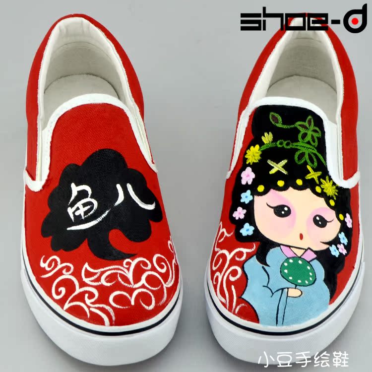 中国风戏剧手绘鞋 套脚女鞋 低帮无带帆布鞋2015年新款古典涂鸦鞋