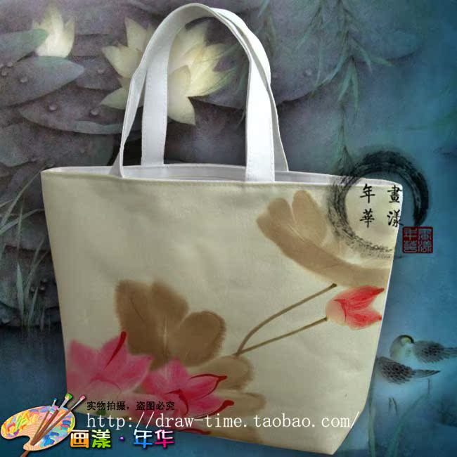 荷塘-并蒂莲 特价中国风女包手绘包单肩帆布包 画漾原创手工布包