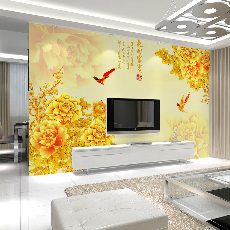 人气大型中式壁画3D立体金色牡丹 卧室电视背景墙纸壁纸花开富贵