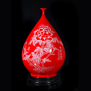 柯少泓 原创刻瓷 中国红花瓶-水滴瓶46cm 花开富贵