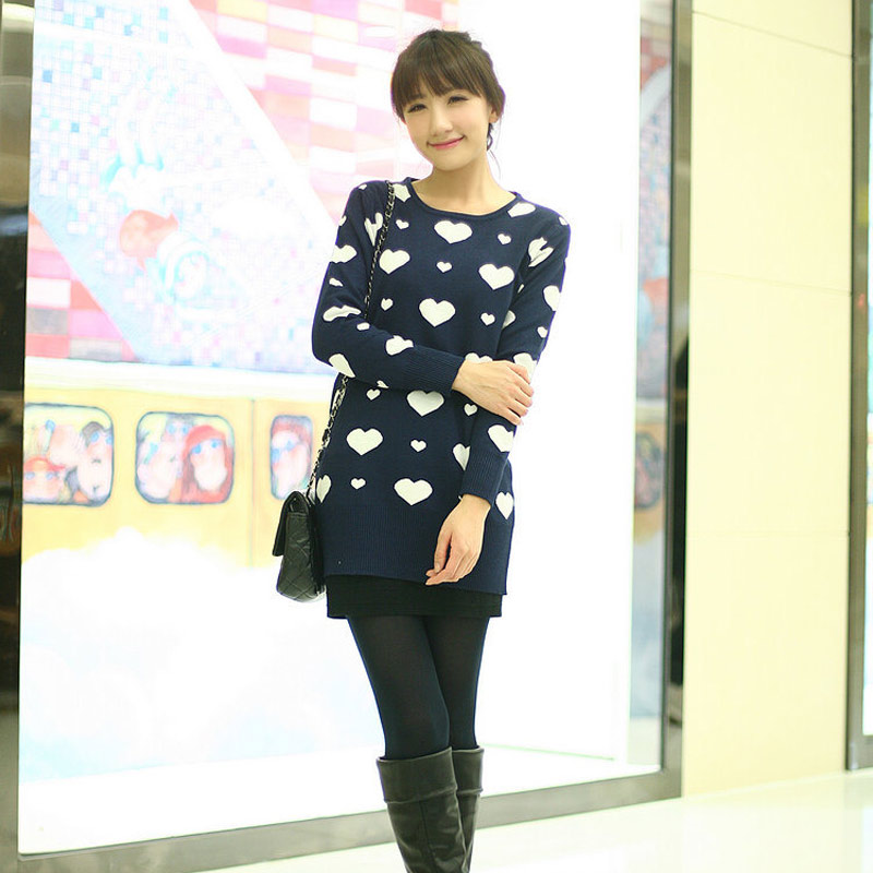 2013秋冬季韩版针织衫女装新心形可爱中长款套头长袖修身打底毛衣