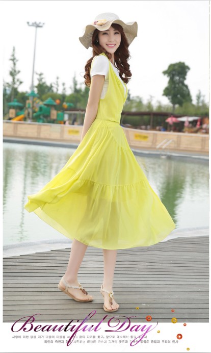 2014新款夏装韩版女纯色雪纺靓丽两件套连衣裙优雅遇上甜美说美丽