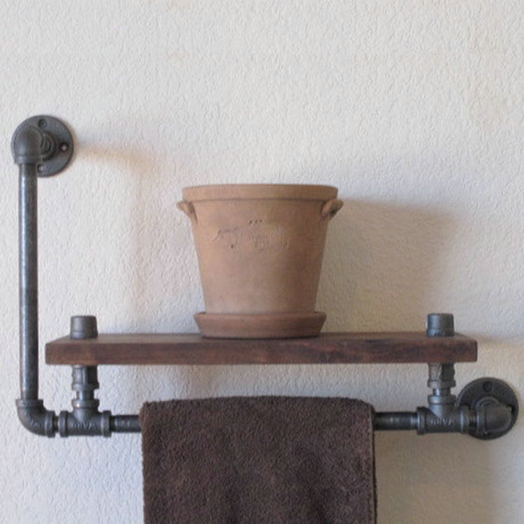 美式实木铁艺水管置物架 壁挂式浴室搁板架 毛巾架 复古肥皂架
